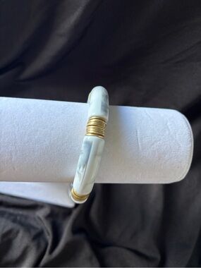 Plunder White Marble-Effect Resin Bangle with Gold Coil Accents